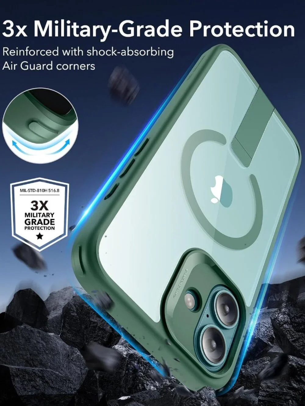 ESR iPhone 16 Plus Kickstand Case, MagSafe Clear Green Military Grade Shockproof